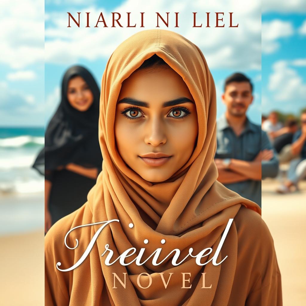 The front cover of a novel featuring a beautiful woman wearing a hijab with sharp, mesmerizing eyes at the forefront