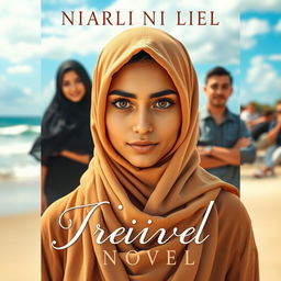 The front cover of a novel featuring a beautiful woman wearing a hijab with sharp, mesmerizing eyes at the forefront