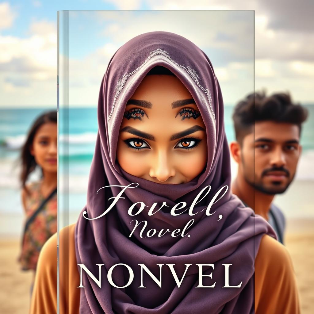 The front cover of a novel featuring a beautiful woman wearing a hijab with sharp, mesmerizing eyes at the forefront