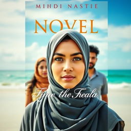 The front cover of a novel featuring a beautiful woman wearing a hijab with sharp, mesmerizing eyes at the forefront