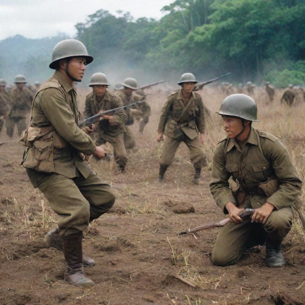 A historical battlefield scene, depicting Indonesian and Japanese soldiers engaged in combat during World War II, paying close attention to period-accurate uniforms and weaponry.