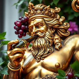 A magnificent brass statue depicting a hedonistic god, rich with ornate details and vibrancy