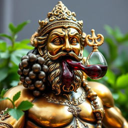 A magnificent brass statue depicting a hedonistic god, rich with ornate details and vibrancy