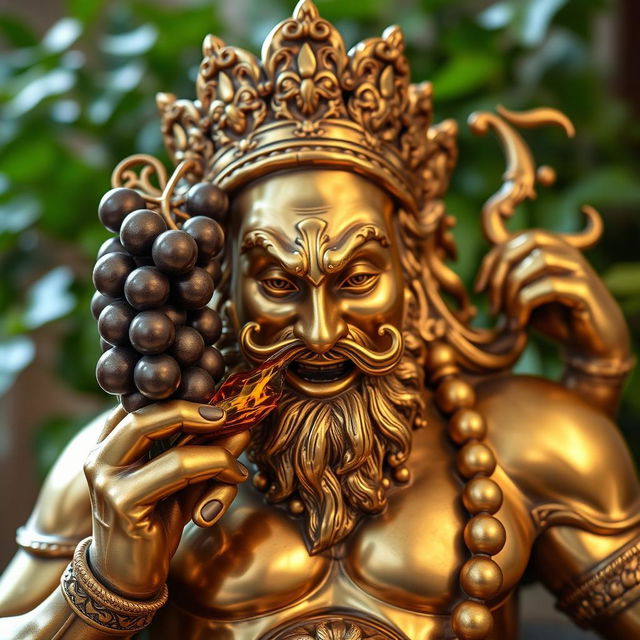 A magnificent brass statue depicting a hedonistic god, rich with ornate details and vibrancy