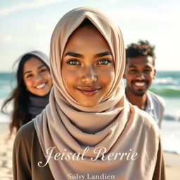 The front cover of a book featuring a stunning woman wearing a hijab, her sharp, captivating eyes drawing attention as the focal point