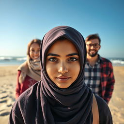 The front cover of a book featuring a stunning woman wearing a hijab, her sharp, captivating eyes drawing attention as the focal point