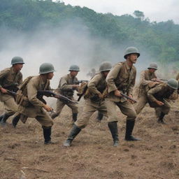 A historical battlefield scene, depicting Indonesian and Japanese soldiers engaged in combat during World War II, paying close attention to period-accurate uniforms and weaponry.