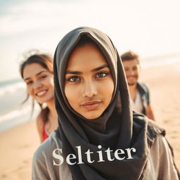 The front cover of a book featuring a stunning woman wearing a hijab, her sharp, captivating eyes drawing attention as the focal point