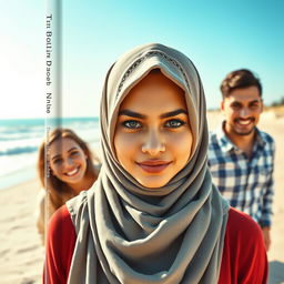 The front cover of a book featuring a stunning woman wearing a hijab, her sharp, captivating eyes drawing attention as the focal point