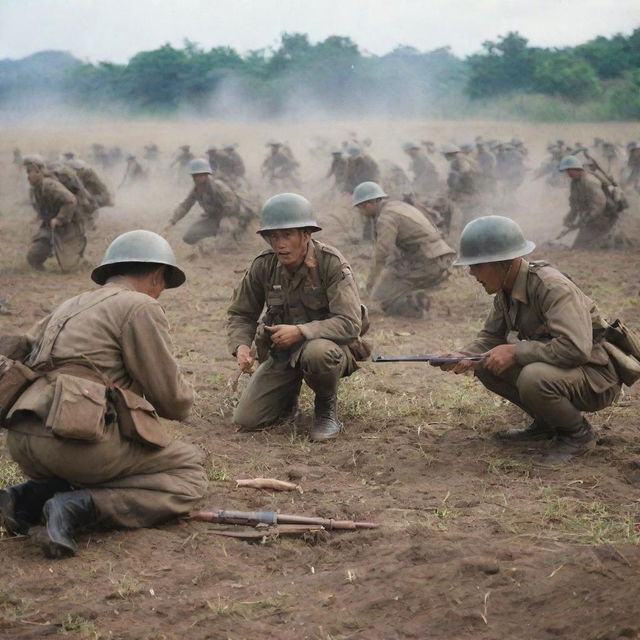 A historical battlefield scene, depicting Indonesian and Japanese soldiers engaged in combat during World War II, paying close attention to period-accurate uniforms and weaponry.