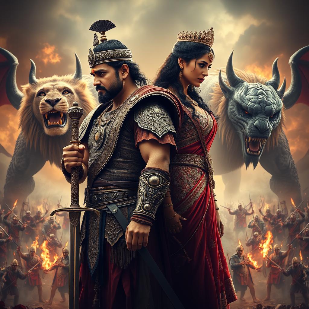 A cinematic action fantasy film poster featuring a 30-year-old Indian warrior king standing confidently, gripping a sword in his hand, dressed in intricate and ornate warrior attire