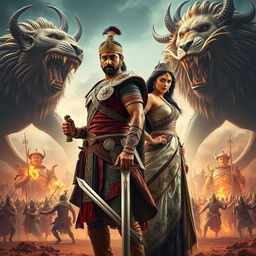 A cinematic action fantasy film poster featuring a 30-year-old Indian warrior king standing confidently, gripping a sword in his hand, dressed in intricate and ornate warrior attire