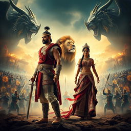 A cinematic action fantasy film poster featuring a 30-year-old Indian warrior king standing confidently, gripping a sword in his hand, dressed in intricate and ornate warrior attire