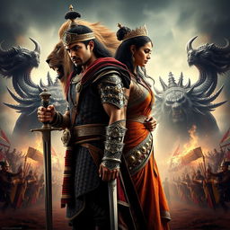 A cinematic action fantasy film poster featuring a 30-year-old Indian warrior king standing confidently, gripping a sword in his hand, dressed in intricate and ornate warrior attire