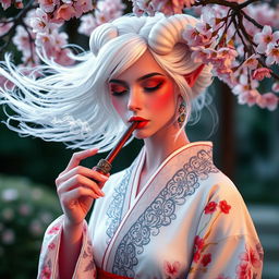 A captivating pink-skinned woman with flowing white hair and elegant horns, dressed in a beautiful white kimono adorned with intricate cherry blossom patterns