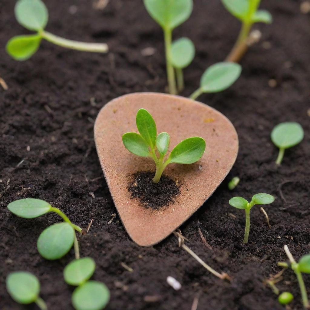 A guitar pick acting as a seed, with vibrant green sprouts and tiny leaves emerging from the ground around it