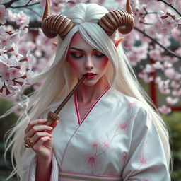 A captivating pink-skinned woman with flowing white hair and elegant horns, dressed in a beautiful white kimono adorned with intricate cherry blossom patterns