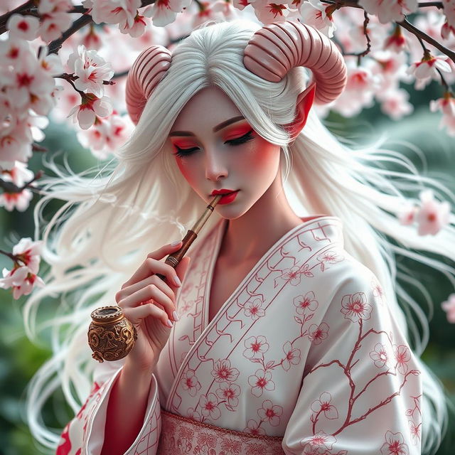 A captivating pink-skinned woman with flowing white hair and elegant horns, dressed in a beautiful white kimono adorned with intricate cherry blossom patterns