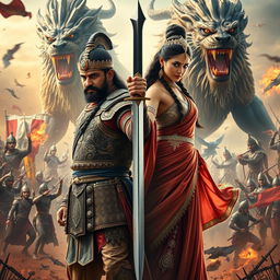 A cinematic action fantasy film poster depicting a 30-year-old Indian warrior king standing firmly with a sword firmly gripped in his hand, dressed in intricate warrior attire featuring ornate armor and traditional details