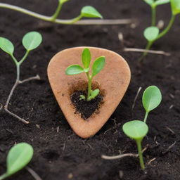 A guitar pick acting as a seed, with vibrant green sprouts and tiny leaves emerging from the ground around it