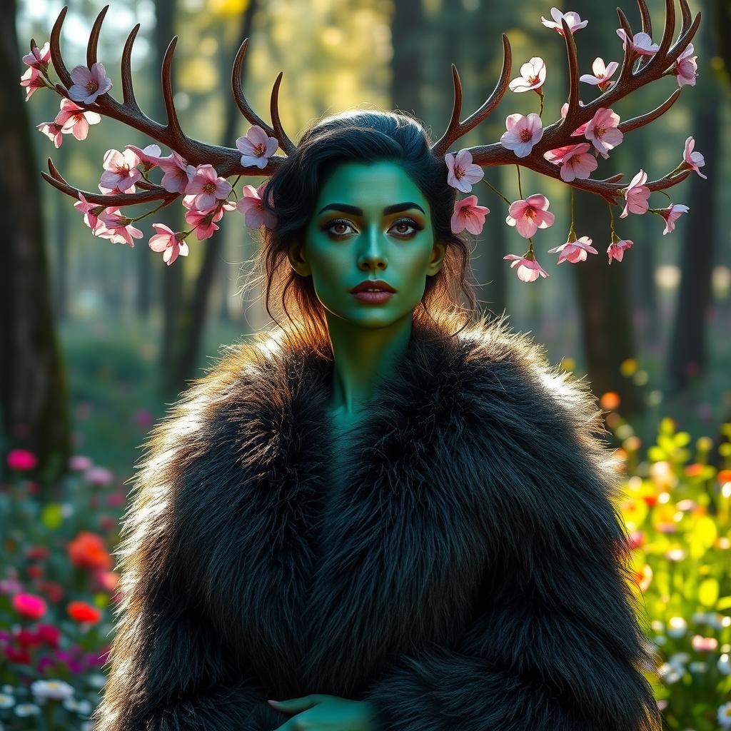 A striking green-skinned woman with deep dark green hair, elegantly draped in a luxurious fur coat