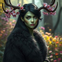 A striking green-skinned woman with deep dark green hair, elegantly draped in a luxurious fur coat