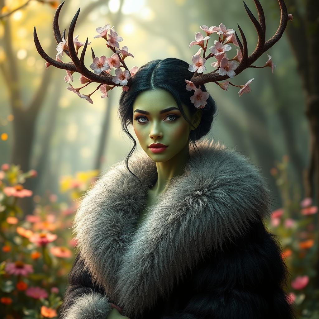 A striking green-skinned woman with deep dark green hair, elegantly draped in a luxurious fur coat