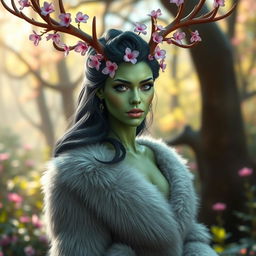 A striking green-skinned woman with deep dark green hair, elegantly draped in a luxurious fur coat