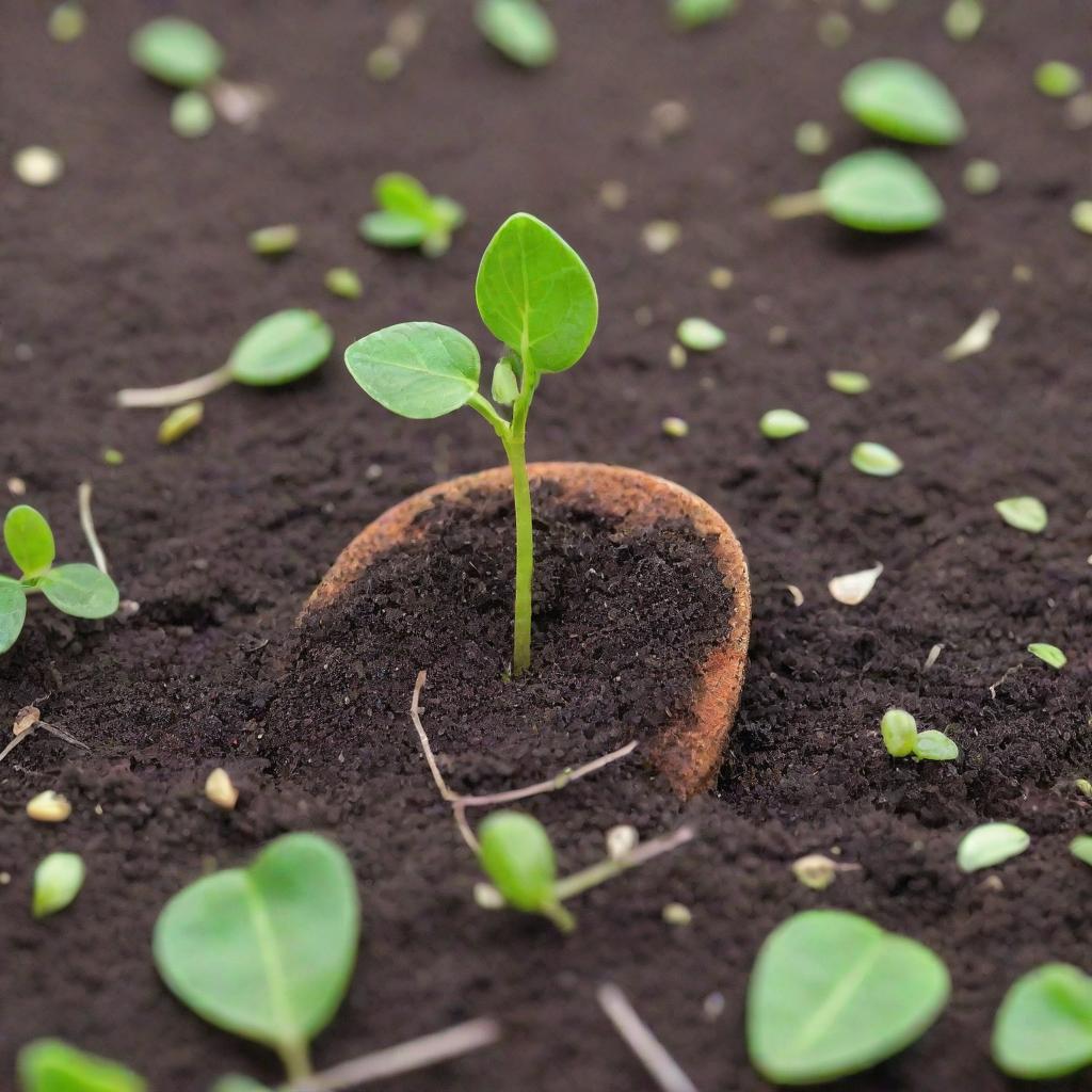 A guitar pick acting as a seed, with vibrant green sprouts and tiny leaves emerging from the ground around it