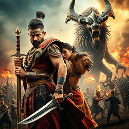 A cinematic action fantasy film poster featuring a 30-year-old Indian warrior king standing firmly with a determined expression, gripping a beautifully crafted sword in his hand