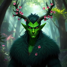 A striking green tiefling with dark green hair, wearing a luxurious fur coat that complements their vibrant skin