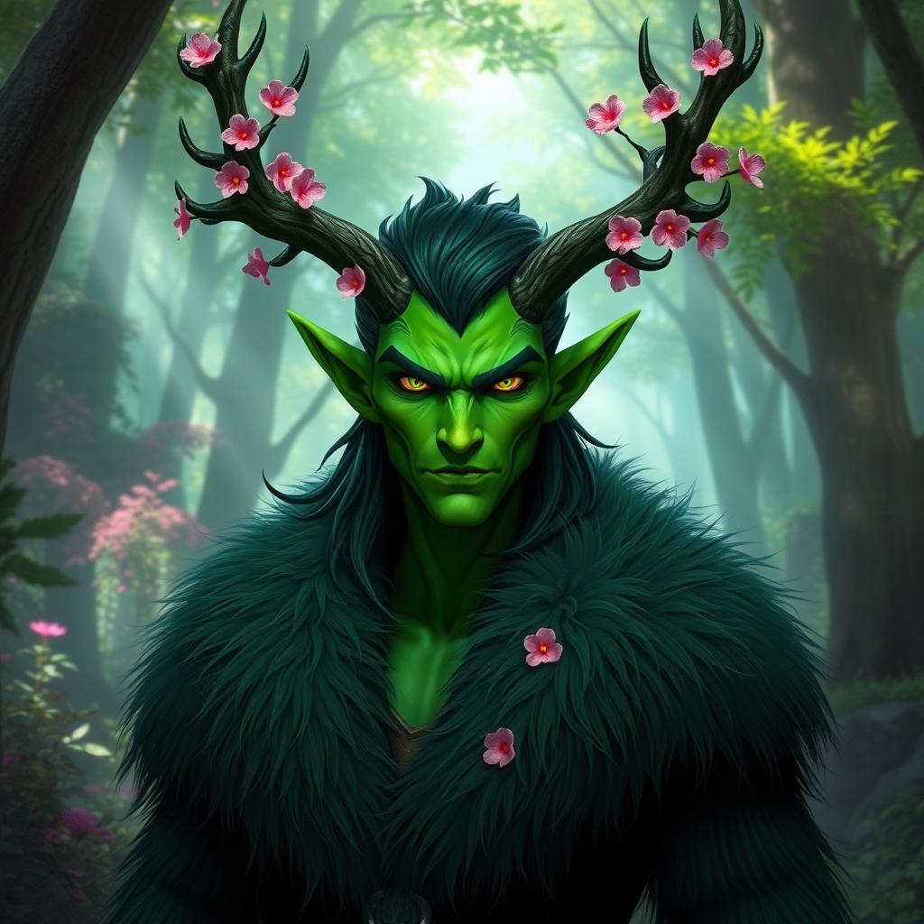 A striking green tiefling with dark green hair, wearing a luxurious fur coat that complements their vibrant skin