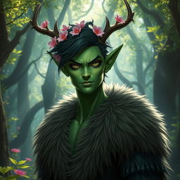 A striking green tiefling with dark green hair, wearing a luxurious fur coat that complements their vibrant skin