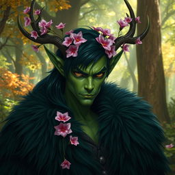 A striking green tiefling with dark green hair, wearing a luxurious fur coat that complements their vibrant skin