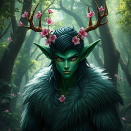 A striking green tiefling with dark green hair, wearing a luxurious fur coat that complements their vibrant skin