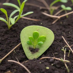 A guitar pick acting as a seed, with vibrant green sprouts and tiny leaves emerging from the ground around it