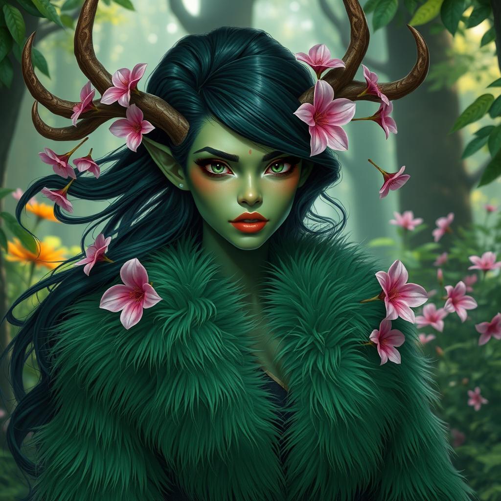 A stunning green tiefling woman with dark green hair flowing elegantly, wearing an opulent fur coat that enhances her vibrant skin tone