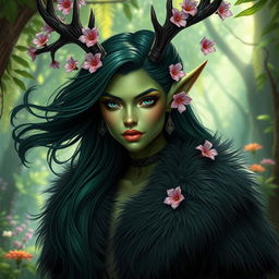 A stunning green tiefling woman with dark green hair flowing elegantly, wearing an opulent fur coat that enhances her vibrant skin tone