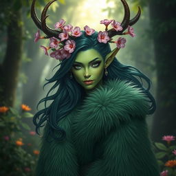 A stunning green tiefling woman with dark green hair flowing elegantly, wearing an opulent fur coat that enhances her vibrant skin tone