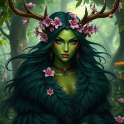 A stunning green tiefling woman with dark green hair flowing elegantly, wearing an opulent fur coat that enhances her vibrant skin tone