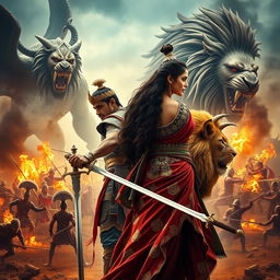 A proper cinematic action fantasy film poster featuring a 30-year-old Indian warrior king, depicted in a powerful stance gripping a sword, clothed in intricate warrior attire with vibrant colors and ornate details