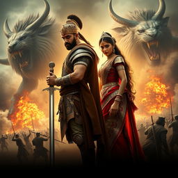 A cinematic action fantasy film poster depicting a 30-year-old Indian warrior king, standing resolutely while gripping a beautifully crafted sword, dressed in ornate warrior attire that reflects his royal status