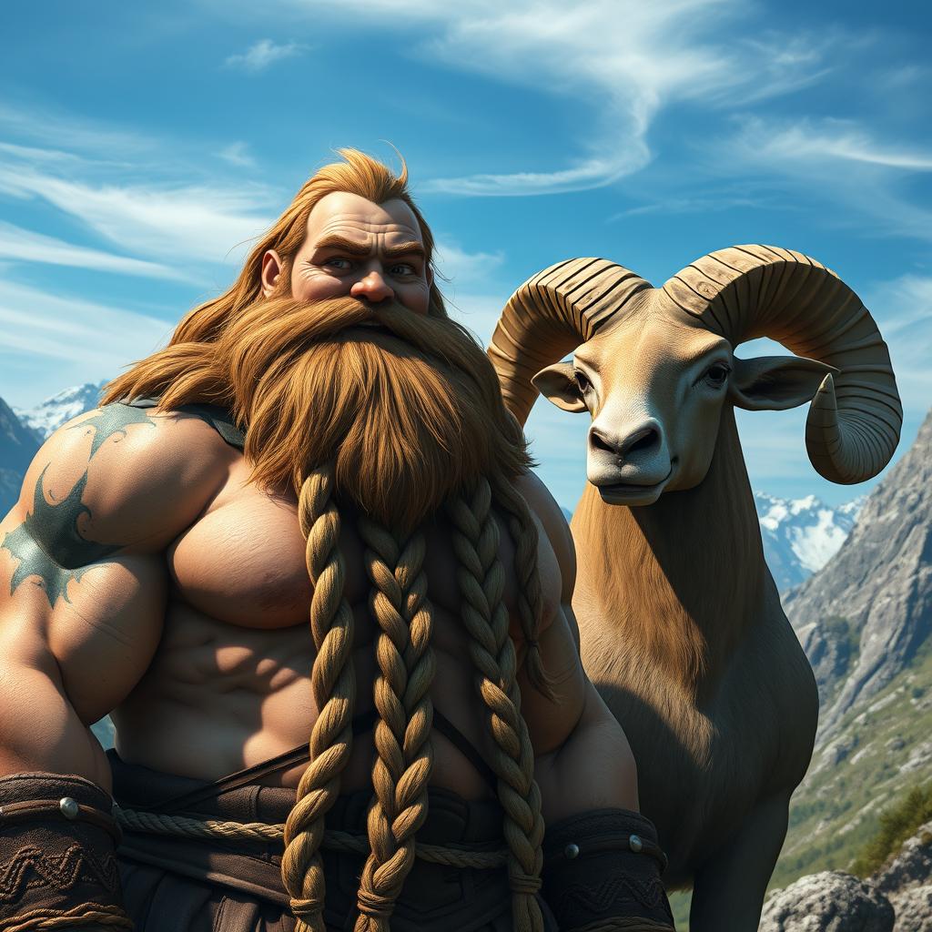 A hearty dwarven man with a thick, three-braid beard that cascades down his chest, showcasing intricate knotwork