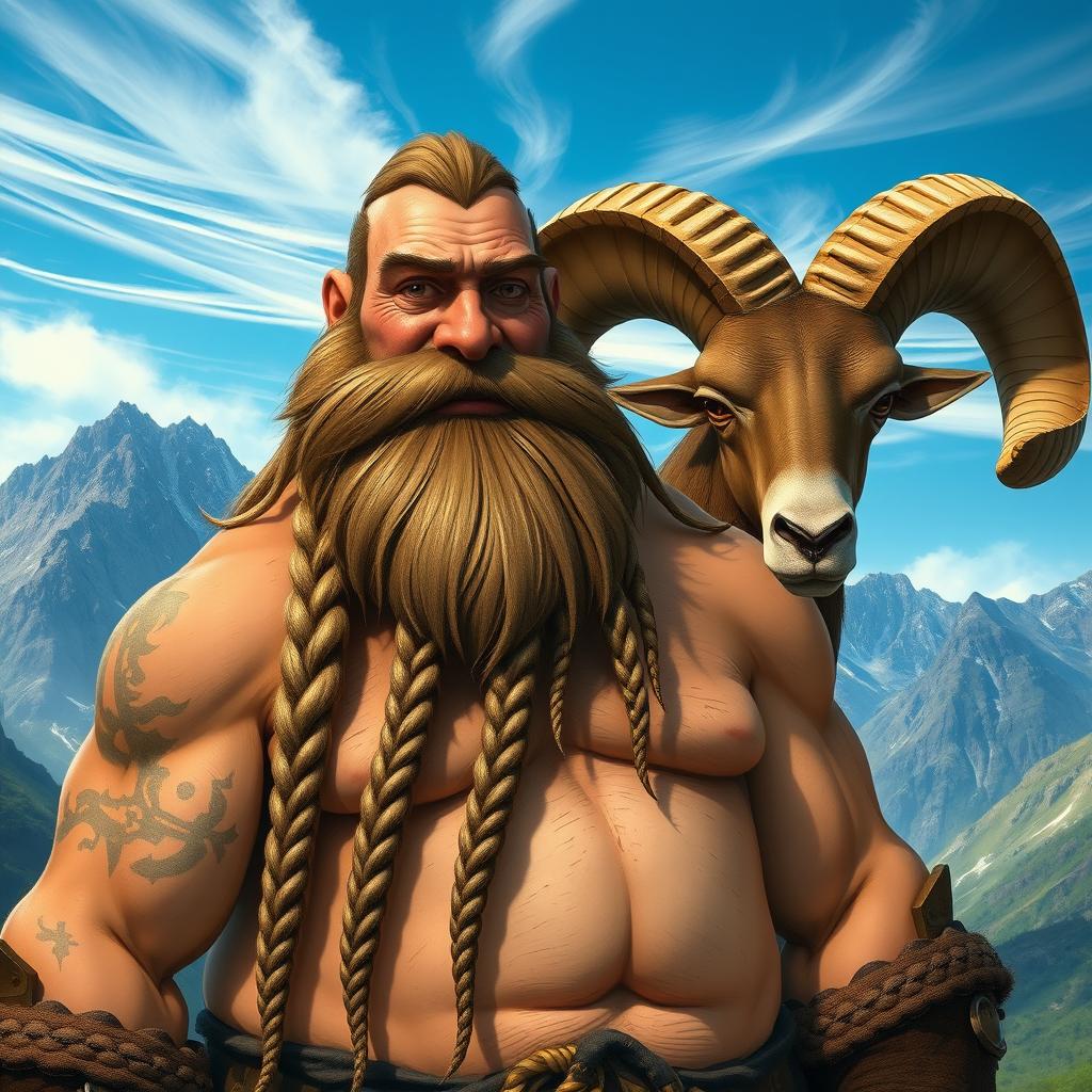 A hearty dwarven man with a thick, three-braid beard that cascades down his chest, showcasing intricate knotwork