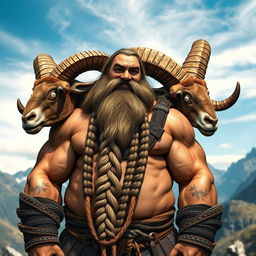 A hearty dwarven man with a thick, three-braid beard that cascades down his chest, showcasing intricate knotwork