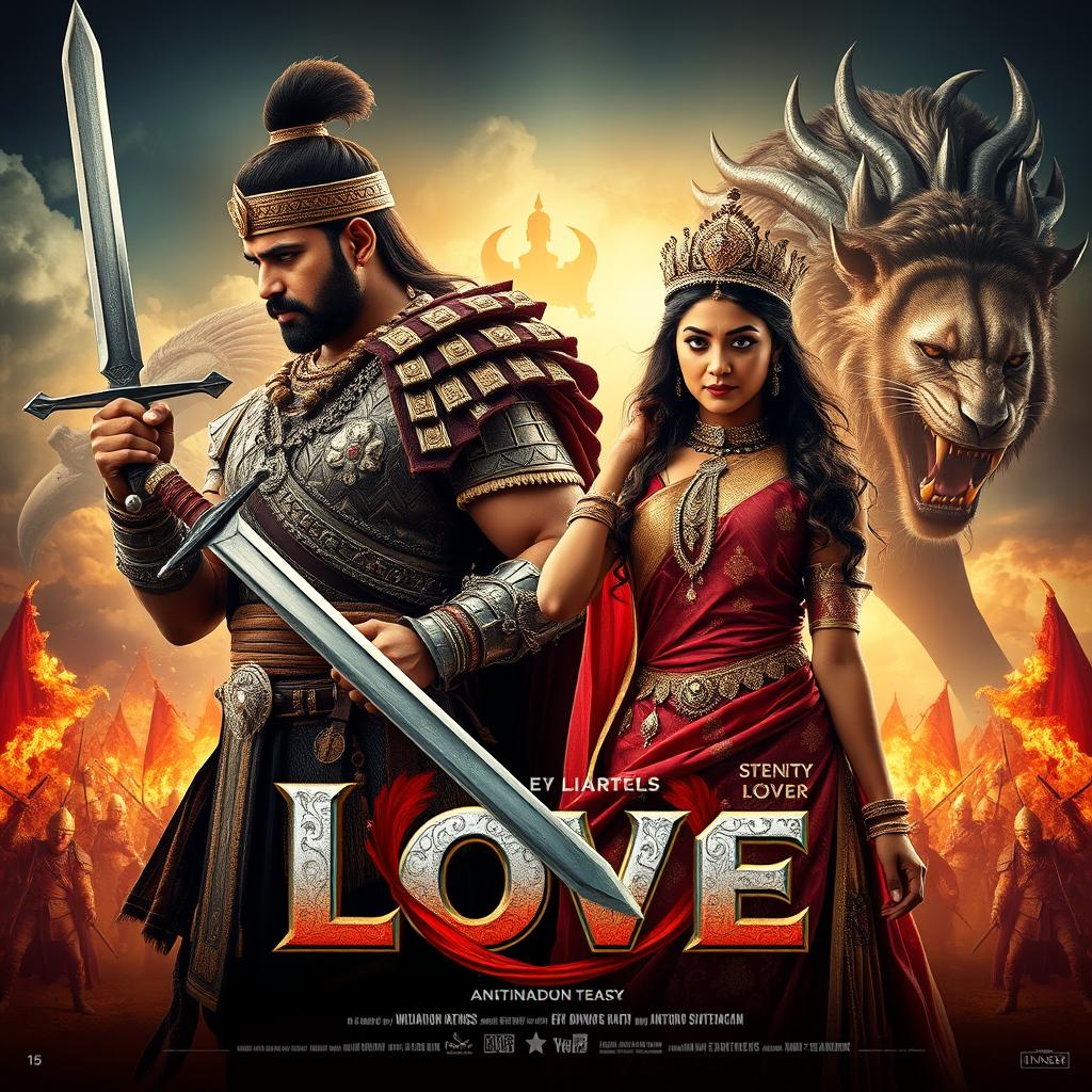 A cinematic action fantasy film poster featuring a 30-year-old Indian warrior king gripping his sword, dressed in intricate and detailed warrior attire