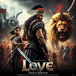 A cinematic action fantasy film poster featuring a 30-year-old Indian warrior king gripping his sword, dressed in intricate and detailed warrior attire