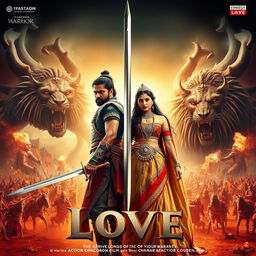 A cinematic action fantasy film poster featuring a 30-year-old Indian warrior king gripping his sword, dressed in intricate and detailed warrior attire