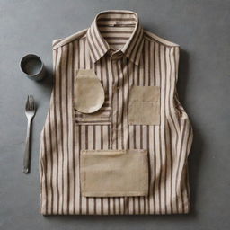 A representation of a Sri Lankan prisoner's uniform, featuring stripes, composed of coarse fabric, accompanied by essential prison items such as a metal plate and cup for meals.