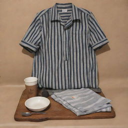 A representation of a Sri Lankan prisoner's uniform, featuring stripes, composed of coarse fabric, accompanied by essential prison items such as a metal plate and cup for meals.